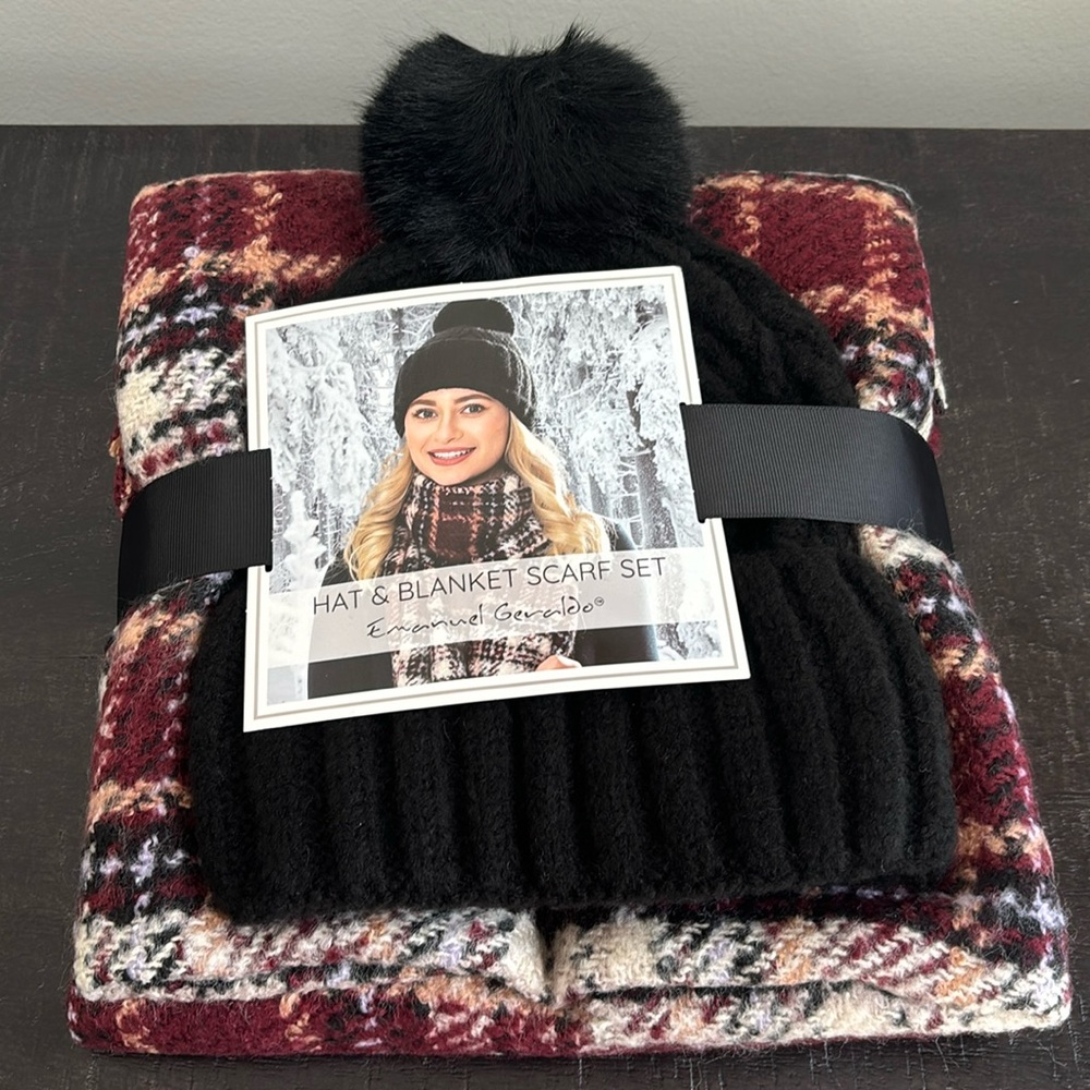Pom Pom Hat and Blanket Scarf Set